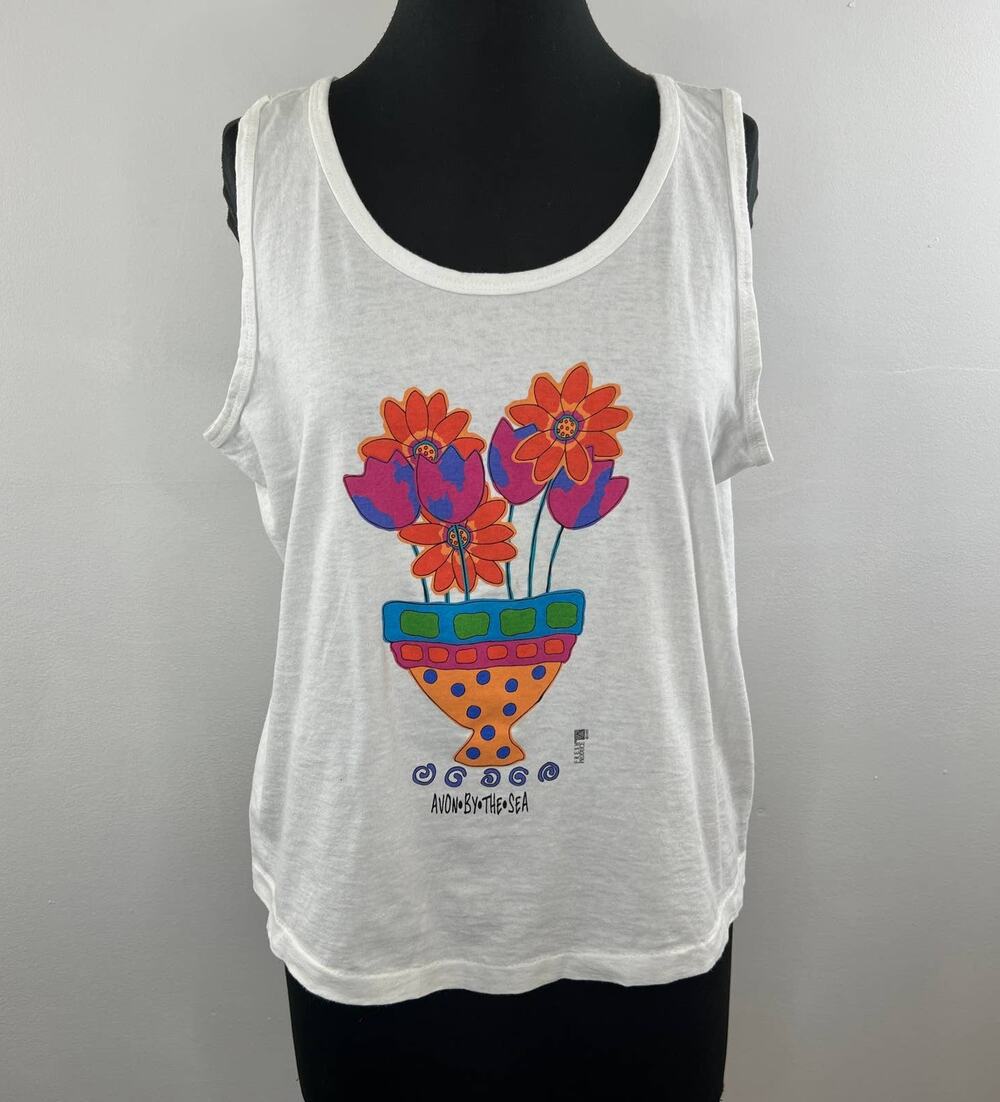 VTG Fresh Produce Avon by the Sea Flowers Graphic Tank Top White USA One Size OS